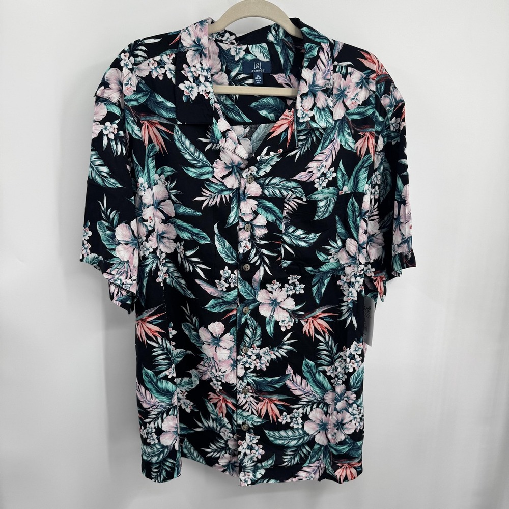 George Mens Camp Shirt 2XL Black Floral Tropical Rayon Button Front Casual